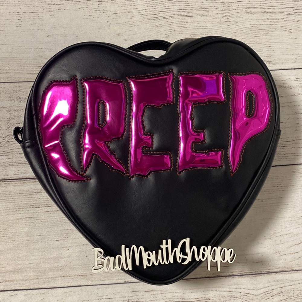*Love Pain and Stitches Pink Metallic CREEP Heart Valloween Crossbody Purse